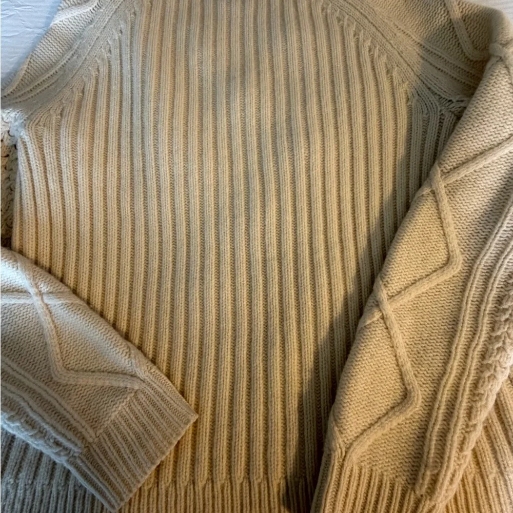 J. Crew Pom Pom Cable Knit Wool Sweater vintage-inspired chunky diamond beige SM